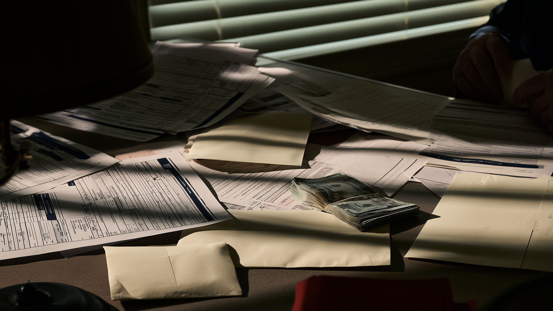 Campaign finance documents and cash on a courtroom table before an empty judicial bench