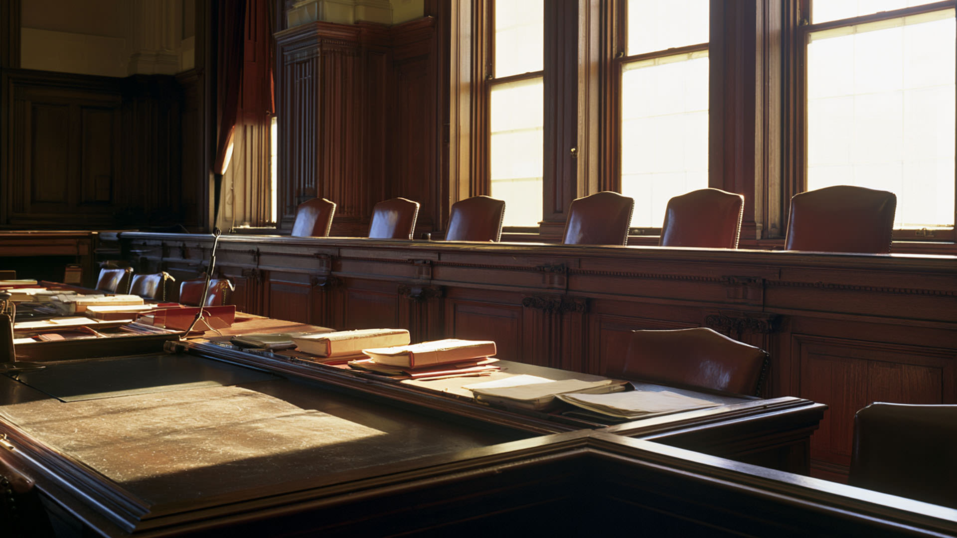 Empty state supreme court chamber with seven judicial seats behind the bench
